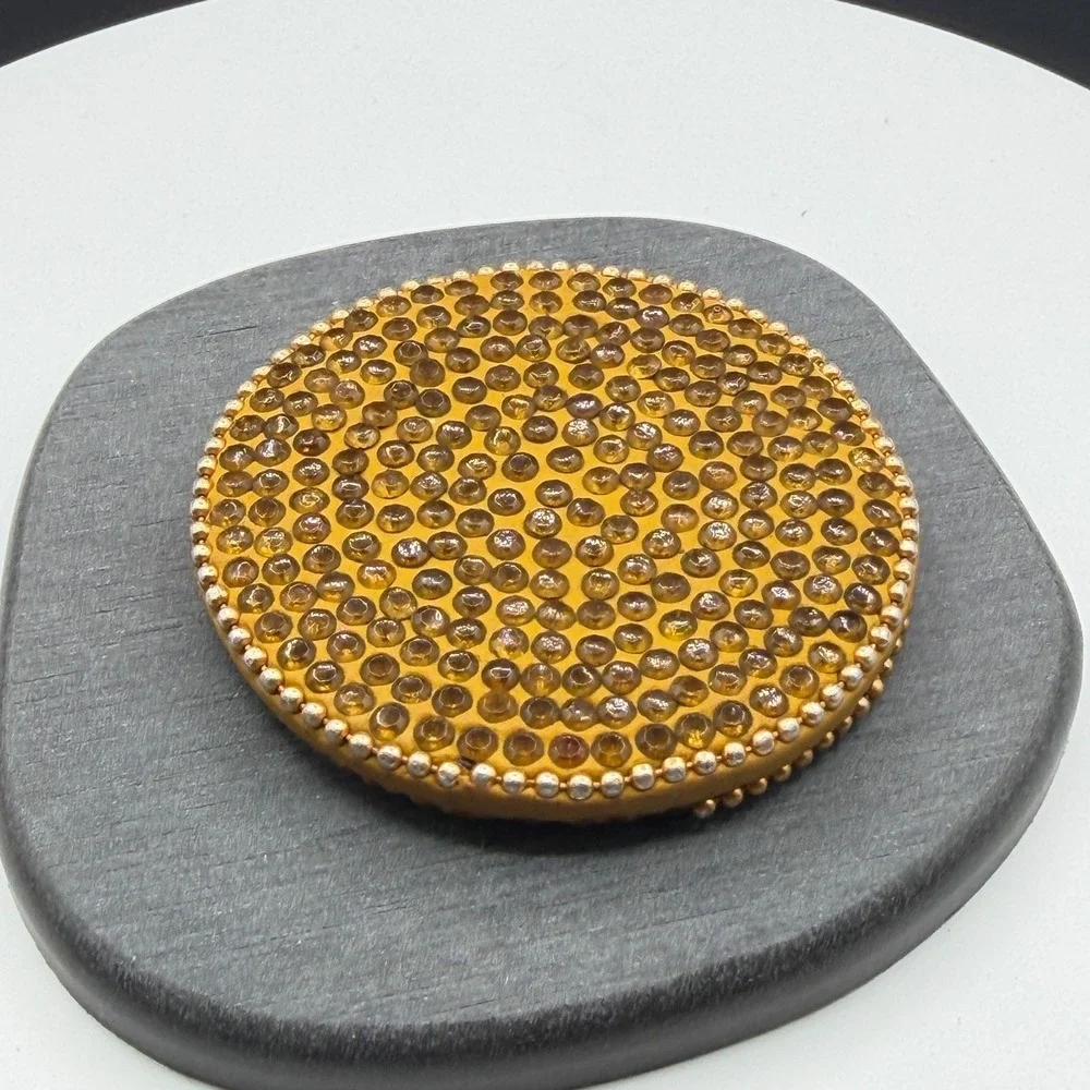 Gold & Amber Tone Rhinestone Round Pocket Purse Mirror Beaded Boho Vanity Decor